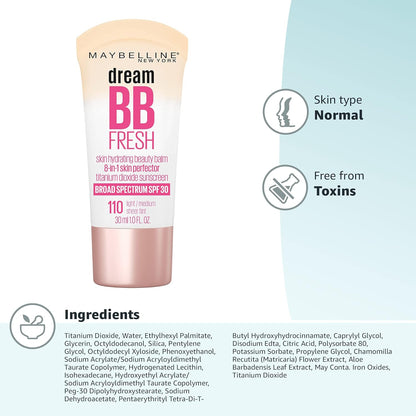 Dream Fresh Skin Hydrating BB Cream, 8-In-1 Skin Perfecting Beauty Balm with Broad Spectrum SPF 30, Sheer Tint Coverage, Oil-Free, Light/Medium, 1 Fl Oz