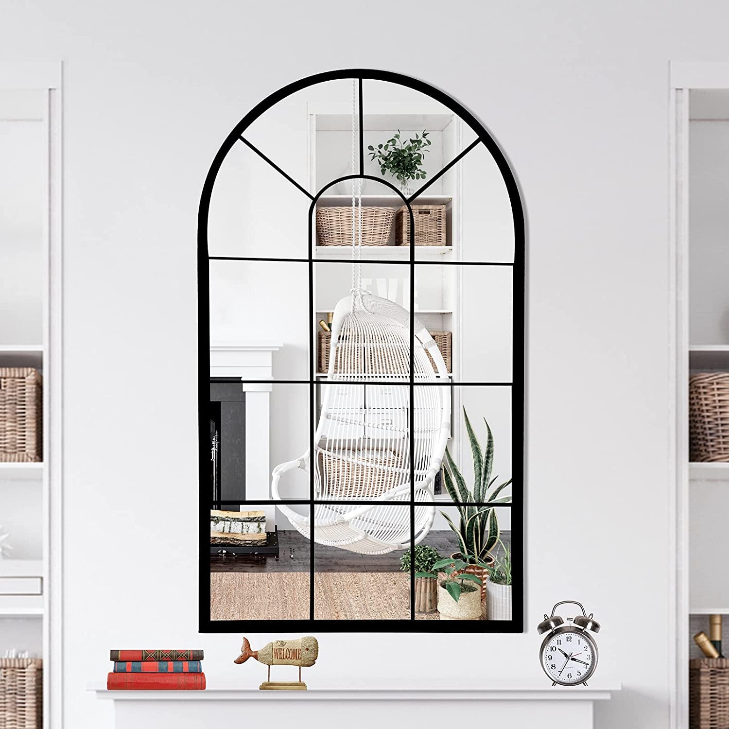 Wall Mirror Window Decorative Mirrors Arched Farmhouse for Living Room Bedroom Entryway Bathroom Vanity (41.3” X0.9”X24”)