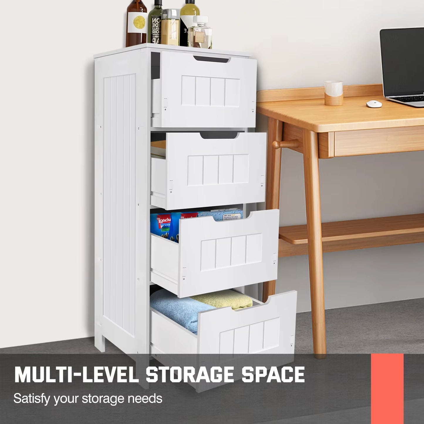 White PVC 4 - Tier Free Standing Bathroom Cabinet with 4 Drawers for Floor Standing Storage and Waterproof Function