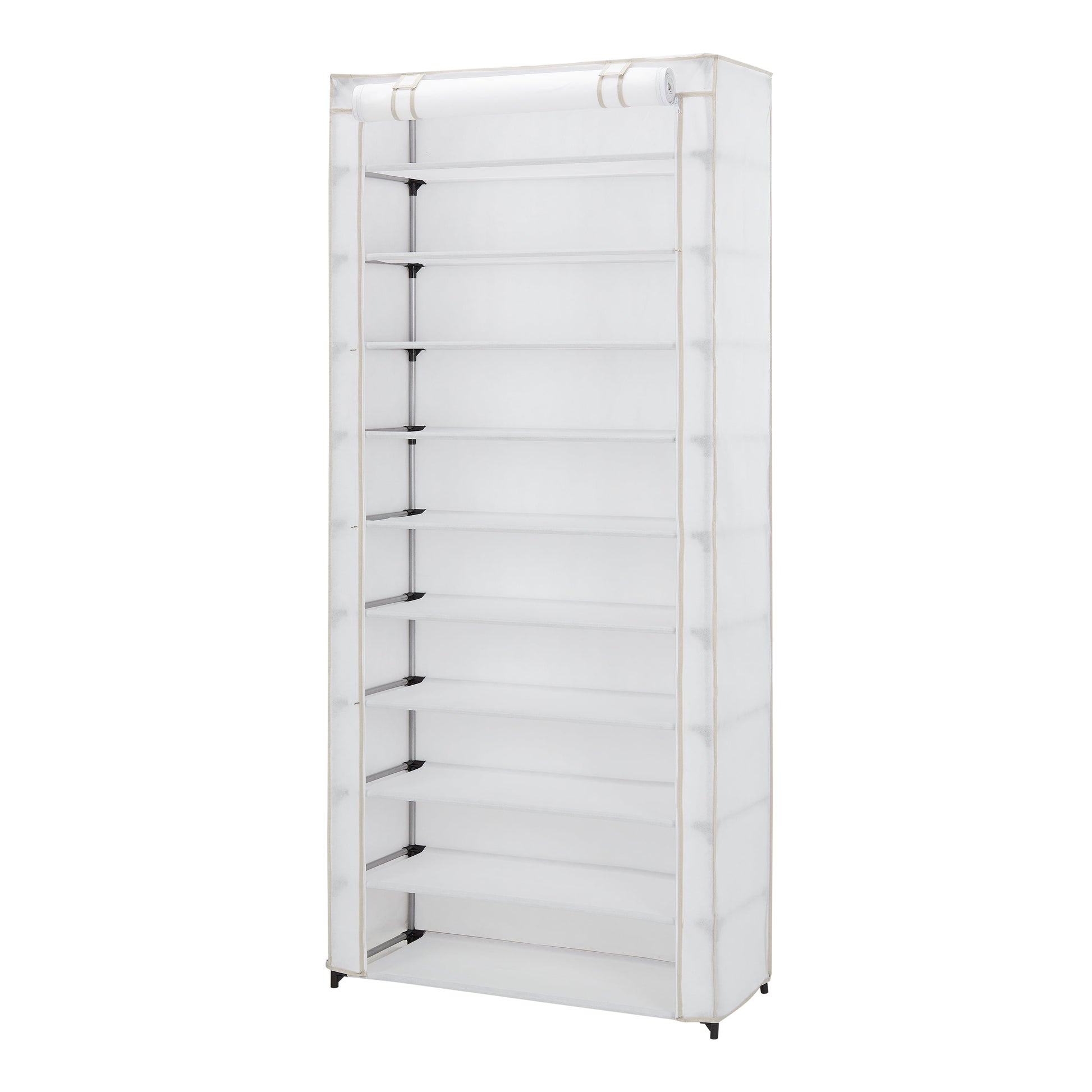 10 Shelf Organizer Shoe Rack with Cover to Hold 30 Pair Shoes, 31.5 in W X 13.46 in D X 69.09 in H, White