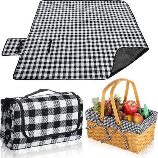 Picnic Basket Natural Woven Woodchip Basket with Double Folding Handles with Gingham Fabric, Picnic Blanket Handy Picnic Mat for Easter Camping on Grass Supplies (Black and White Grid)