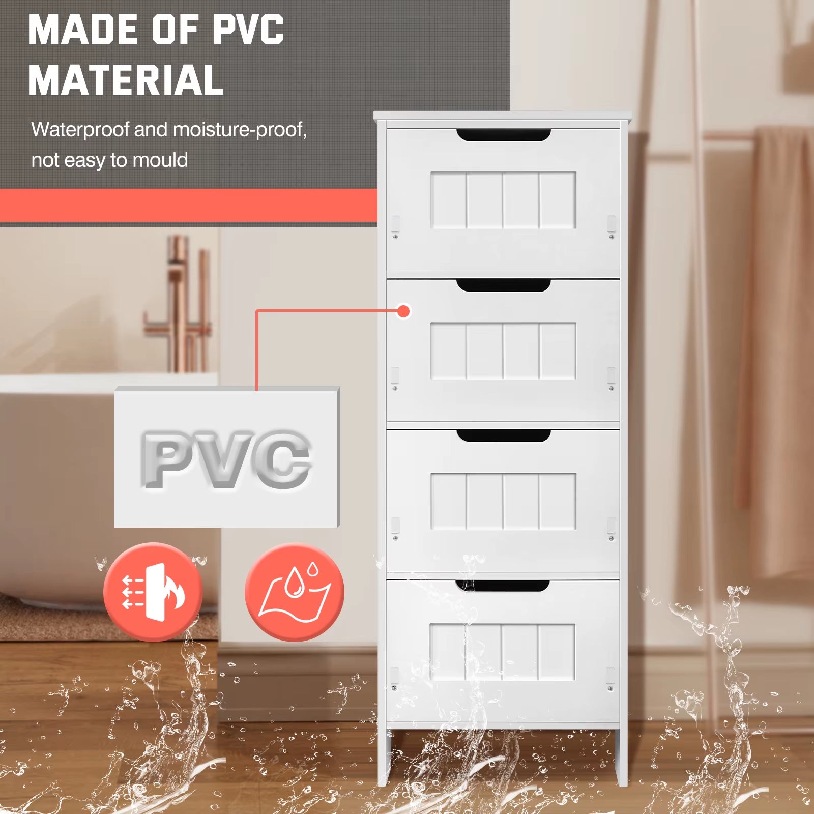 White PVC 4 - Tier Free Standing Bathroom Cabinet with 4 Drawers for Floor Standing Storage and Waterproof Function