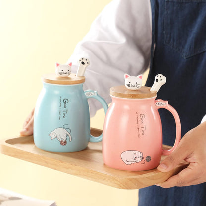 Cat Mug Cute Ceramic Coffee Cup with Lovely Kitty Wooden Lid Stainless Steel Spoon,Novelty Morning Cup Tea Milk Christmas Mug 380ML