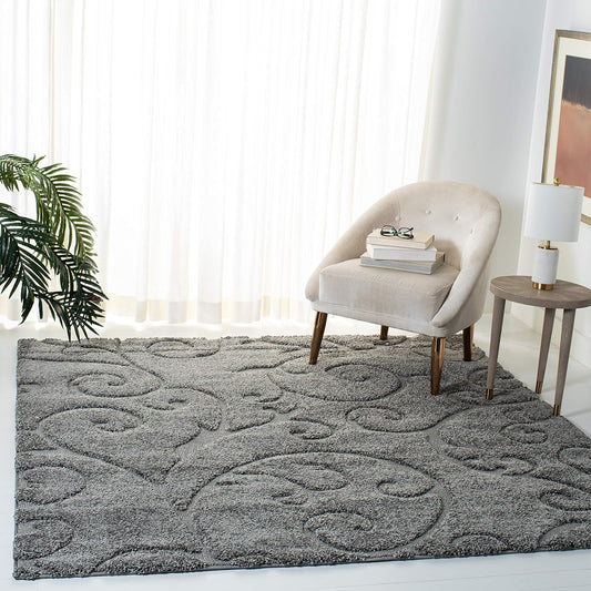 Florida Shag Collection SG455 Scrolling Vine Graceful Swirl Textured Non-Shedding Living Room Bedroom Dining Room Entryway Plush 1.2-Inch Thick Area Rug, 6'7" X 6'7" Square, Grey